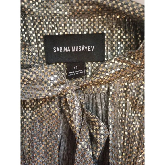 Sabina Musayev Anthropologie Shirt Dress Sz XS Eugine Gold Gray Accordian Tie - Picture 8 of 10